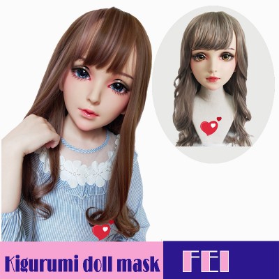 (Fei)Crossdress Sweet Girl Resin Half Head Female Kigurumi Mask With BJD Eyes Cosplay Anime Doll Mask